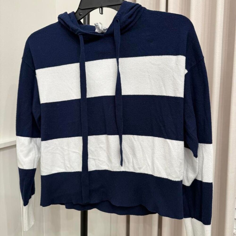 Navy White Striped Knit Hoodie Medium
